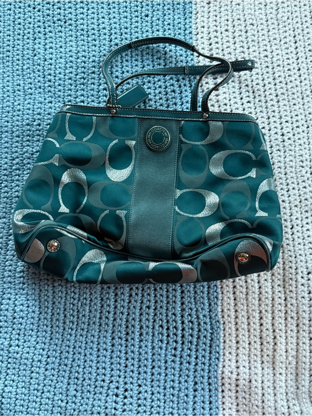Coach Teal Signature Jacquard Shoulder Bag with Silver Accents